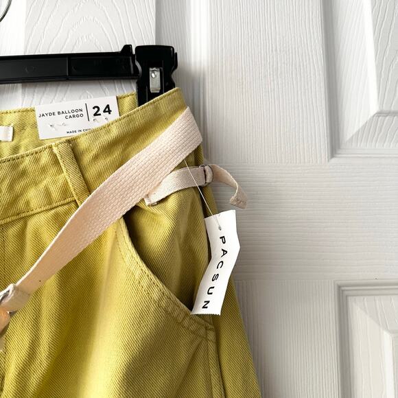 PacSun NWT Jayde Balloon Cargo Yellow Baggy Pants Waist 24 New With Canvas Belt - Picture 10 of 14